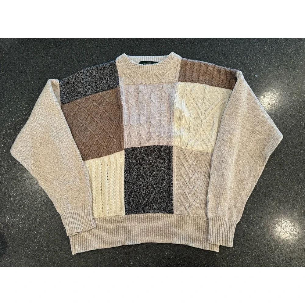 Orvis Mens Patchwork Sweater L Beige‎ Brown Gray Colorblock Cable Knit Crewneck